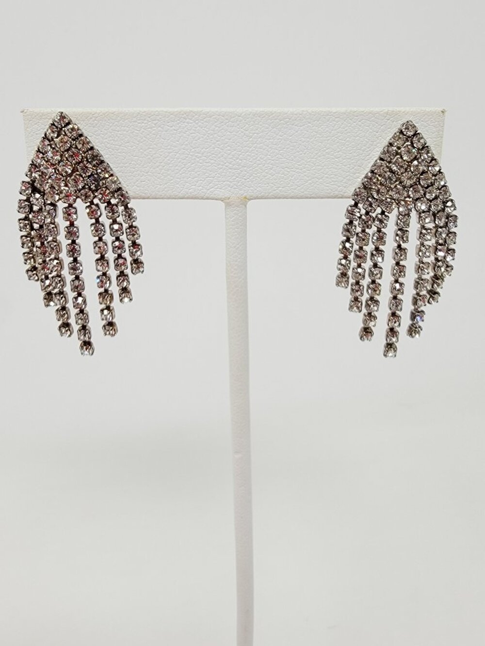 Vintage Silver Tone Rhinestone Waterfall Fringe Statement Earrings